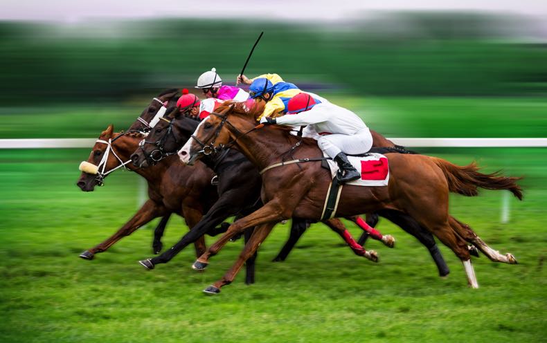 Clump of racehorses racing