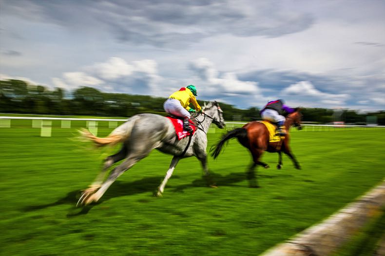 Two horses racing in a blur